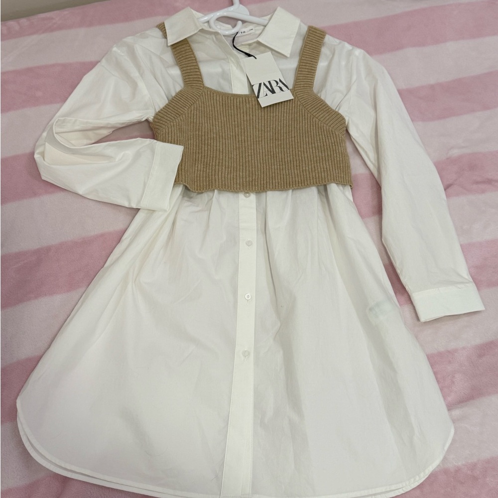 Zara Cream Shirt Dress with Brown Knit Top